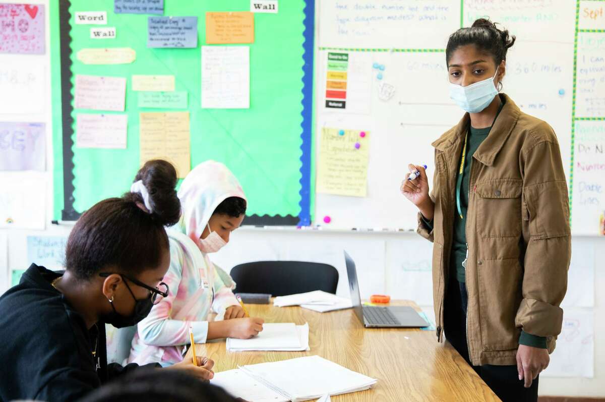 Teacher Shreya Parthiban teaches math to her class of seventh graders at Westlake Middle School in Oakland.