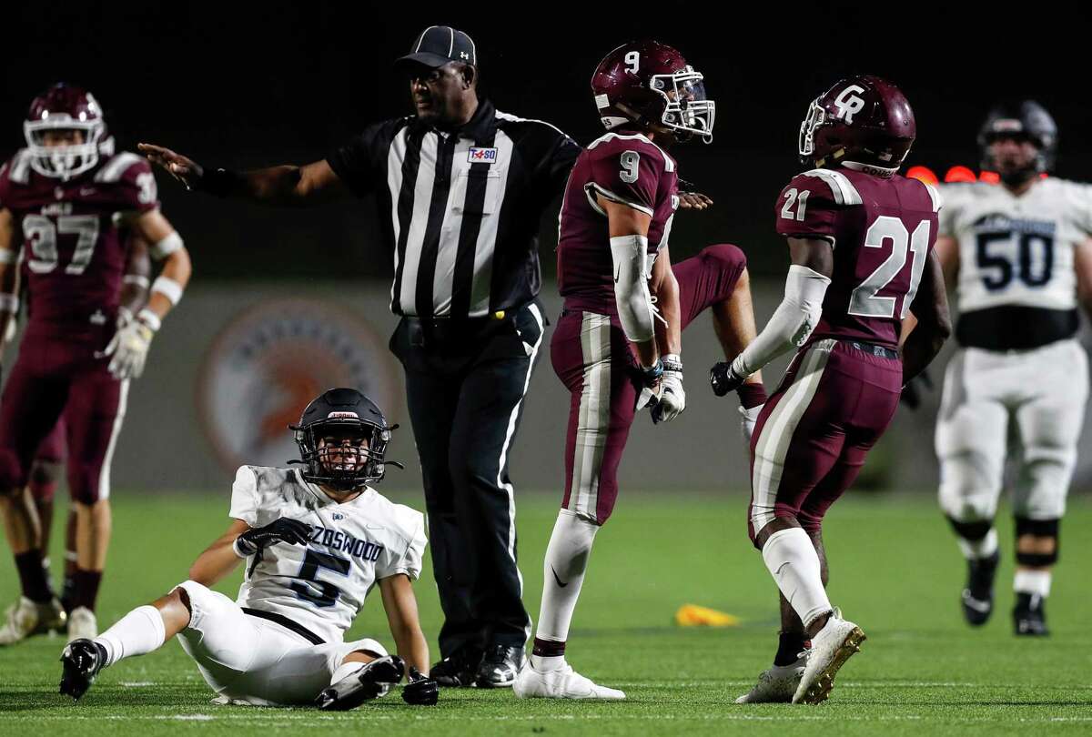 Cinco Ranch Cougars Yetxiel Perez Gilbes (9) celebrates after breaking up a pass intended for Brazoswood Buccaneers wide receiver Cole Hagen (5) during the second half of the high school football game between the Brazoswood Buccaneers and the Cinco Ranch Cougars at Legacy Stadium in Katy, TX on Friday, September 10, 2021. The Cougars defeated the Buccaneers 48-14.
