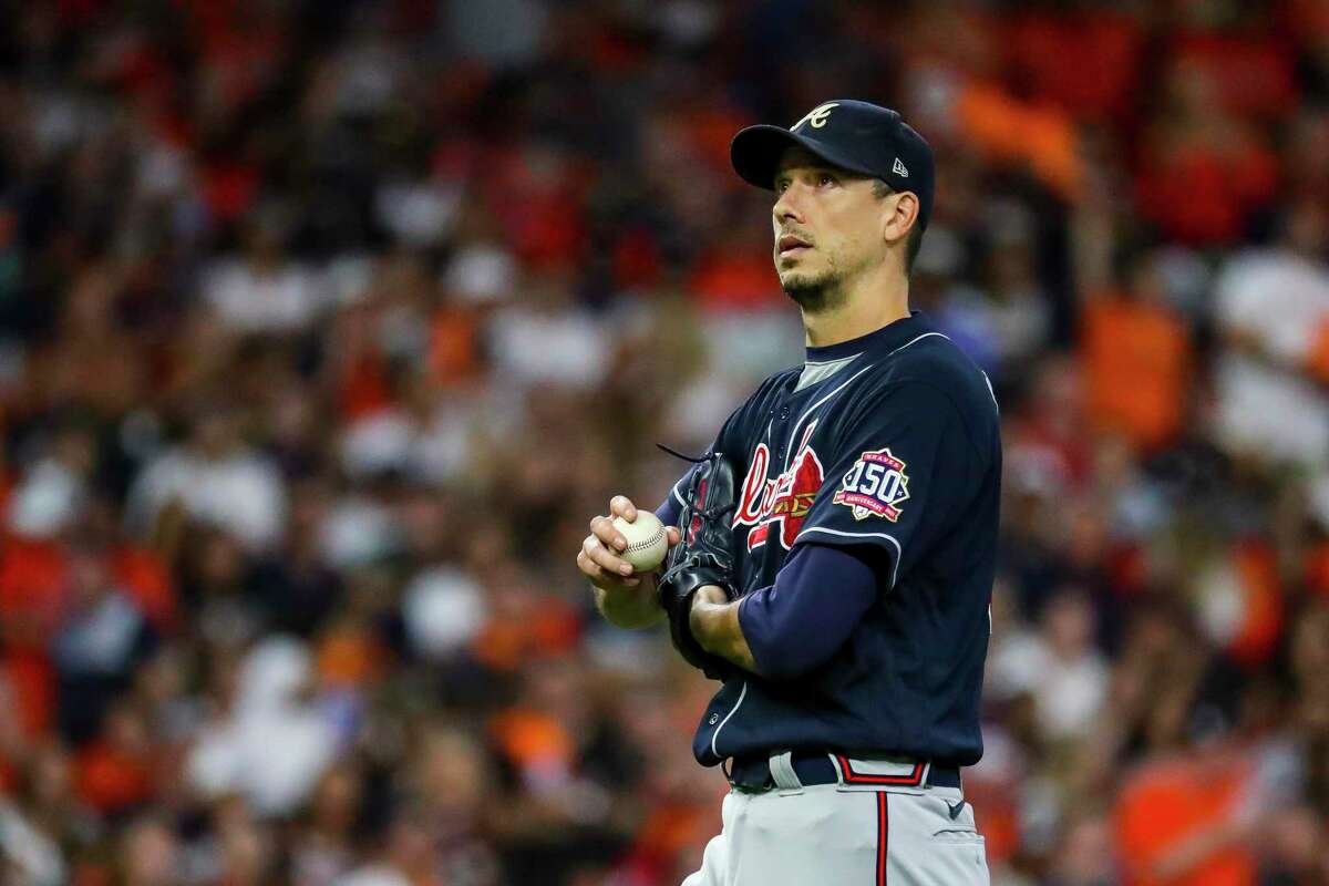 Atlanta Braves starting pitcher Charlie Morton (50) pitches during the first inning in Game 1 of the World Series on Tuesday, Oct. 26, 2021 at Minute Maid Park in Houston.