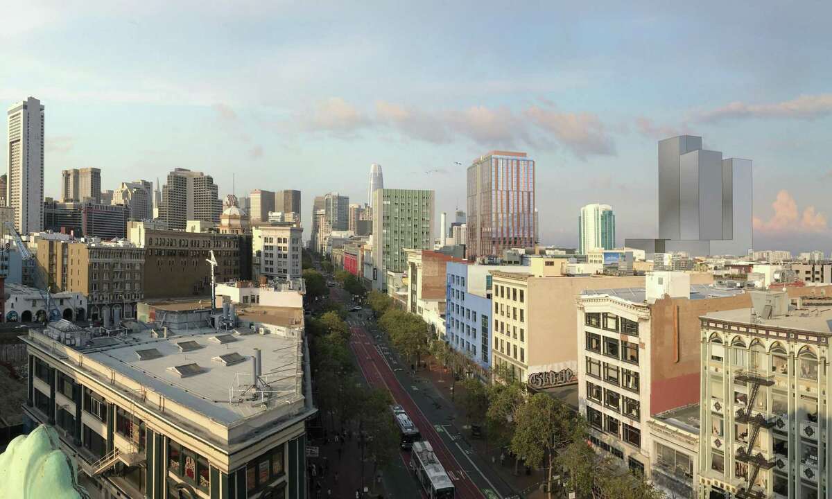 An artist’s rendering of an elevated view from market street of the 495-unit housing project proposed at 469 Stevenson, in San Francisco. The project was rejected by supervisors Tuesday.
