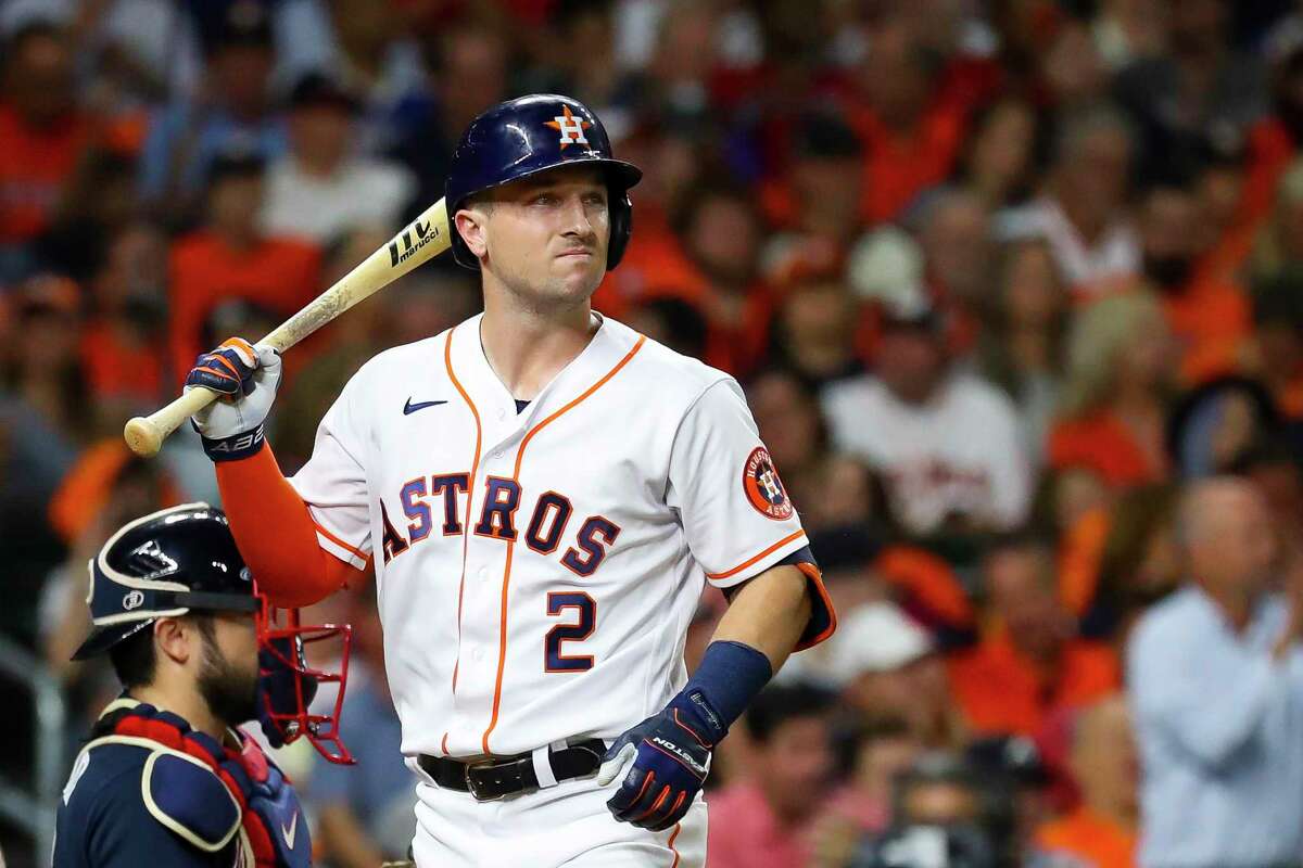 Houston Astros third baseman Alex Bregman (2) strikes out looking during the fifth inning in Game 1 of the World Series on Tuesday, Oct. 26, 2021 at Minute Maid Park in Houston.