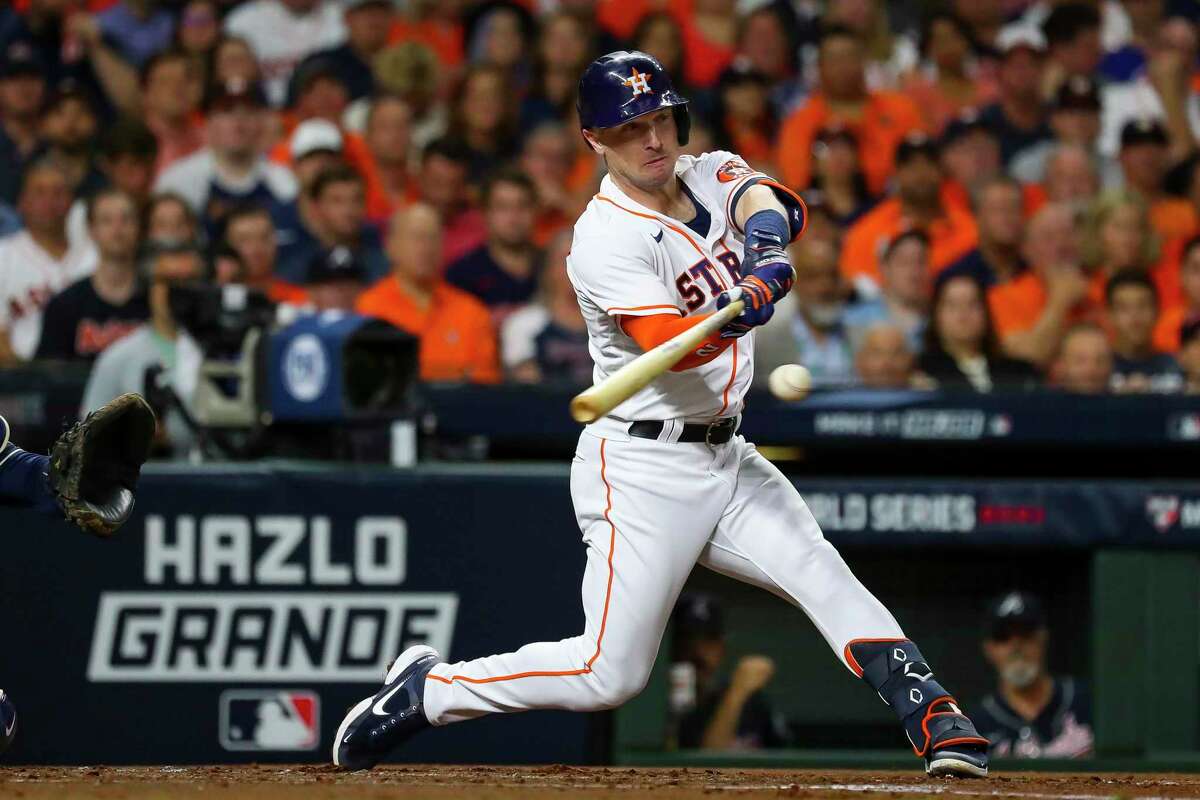Houston Astros third baseman Alex Bregman (2) grounds out during the first inning in Game 1 of the World Series on Tuesday, Oct. 26, 2021 at Minute Maid Park in Houston.
