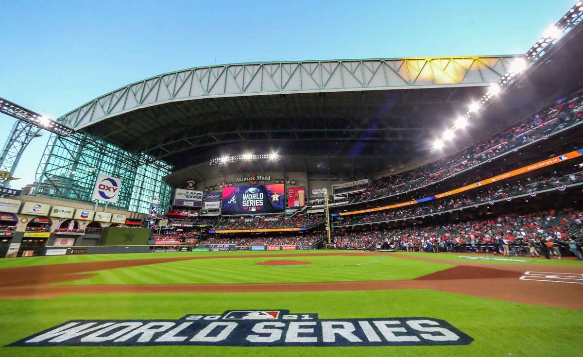 The roof is opened prior to the start of Game 2 of the World Series on Wednesday, Oct. 27, 2021 at Minute Maid Park in Houston.