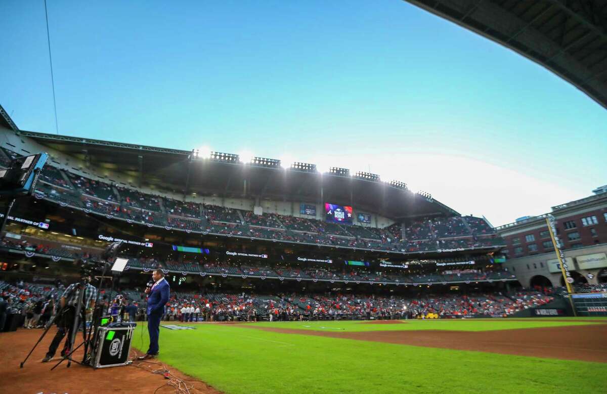 The roof is opened prior to the start of Game 2 of the World Series on Wednesday, Oct. 27, 2021 at Minute Maid Park in Houston.