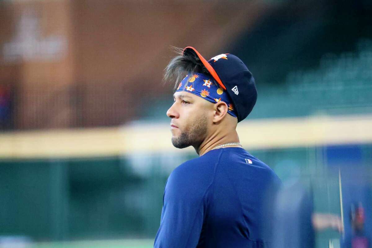 Houston Astros first baseman Yuli Gurriel (10) watches batting practice before Game 2 of the World Series on Wednesday, Oct. 27, 2021 at Minute Maid Park in Houston.