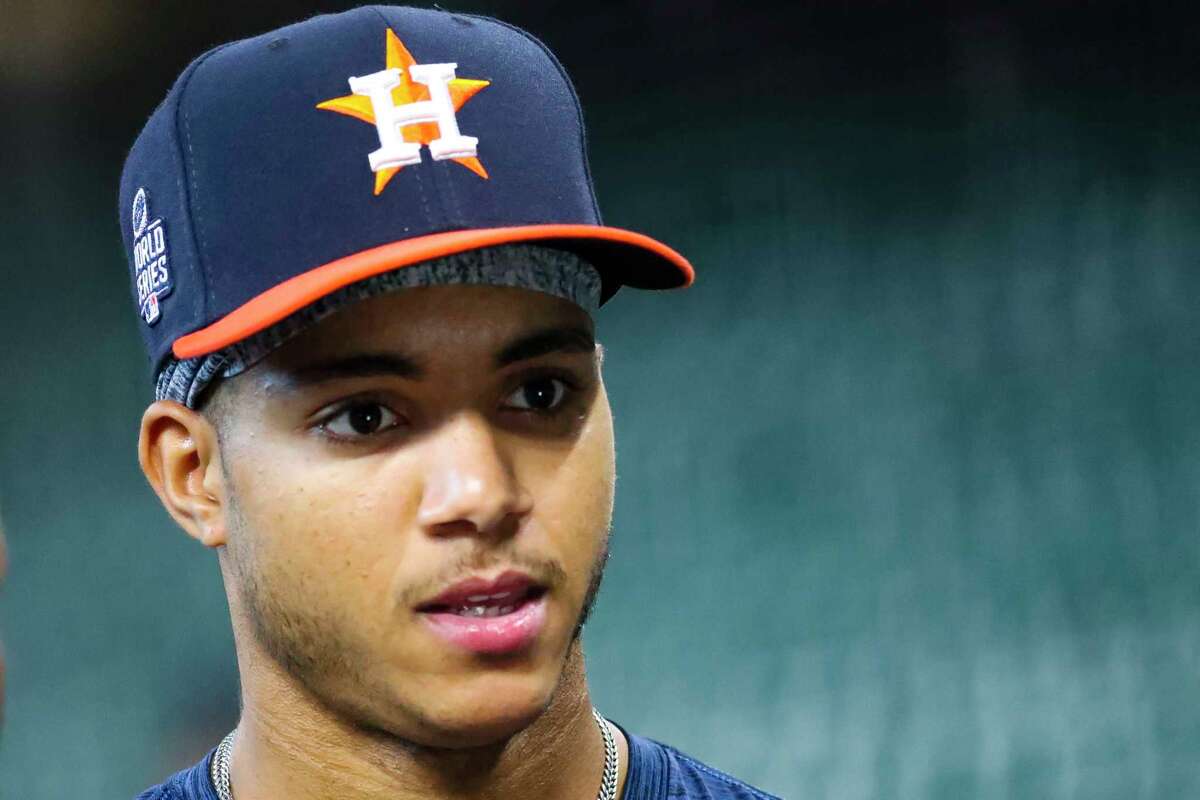 Taxi squad member Jeremy Pena on the field before Game 2 of the World Series on Wednesday, Oct. 27, 2021 at Minute Maid Park in Houston.