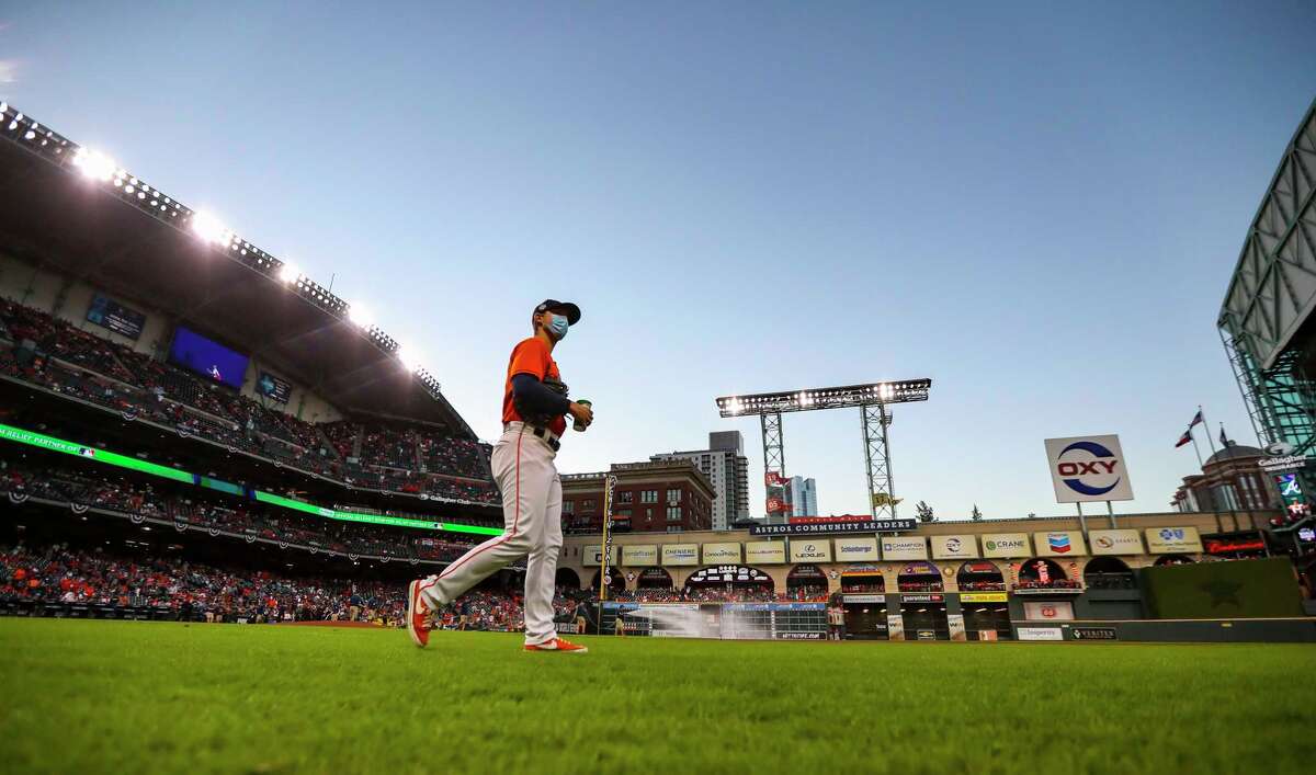 The roof is opened prior to the start of Game 2 of the World Series on Wednesday, Oct. 27, 2021 at Minute Maid Park in Houston.