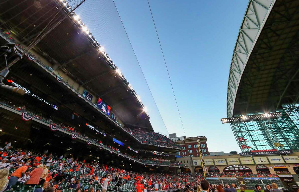 The roof is opened prior to the start of Game 2 of the World Series on Wednesday, Oct. 27, 2021 at Minute Maid Park in Houston.