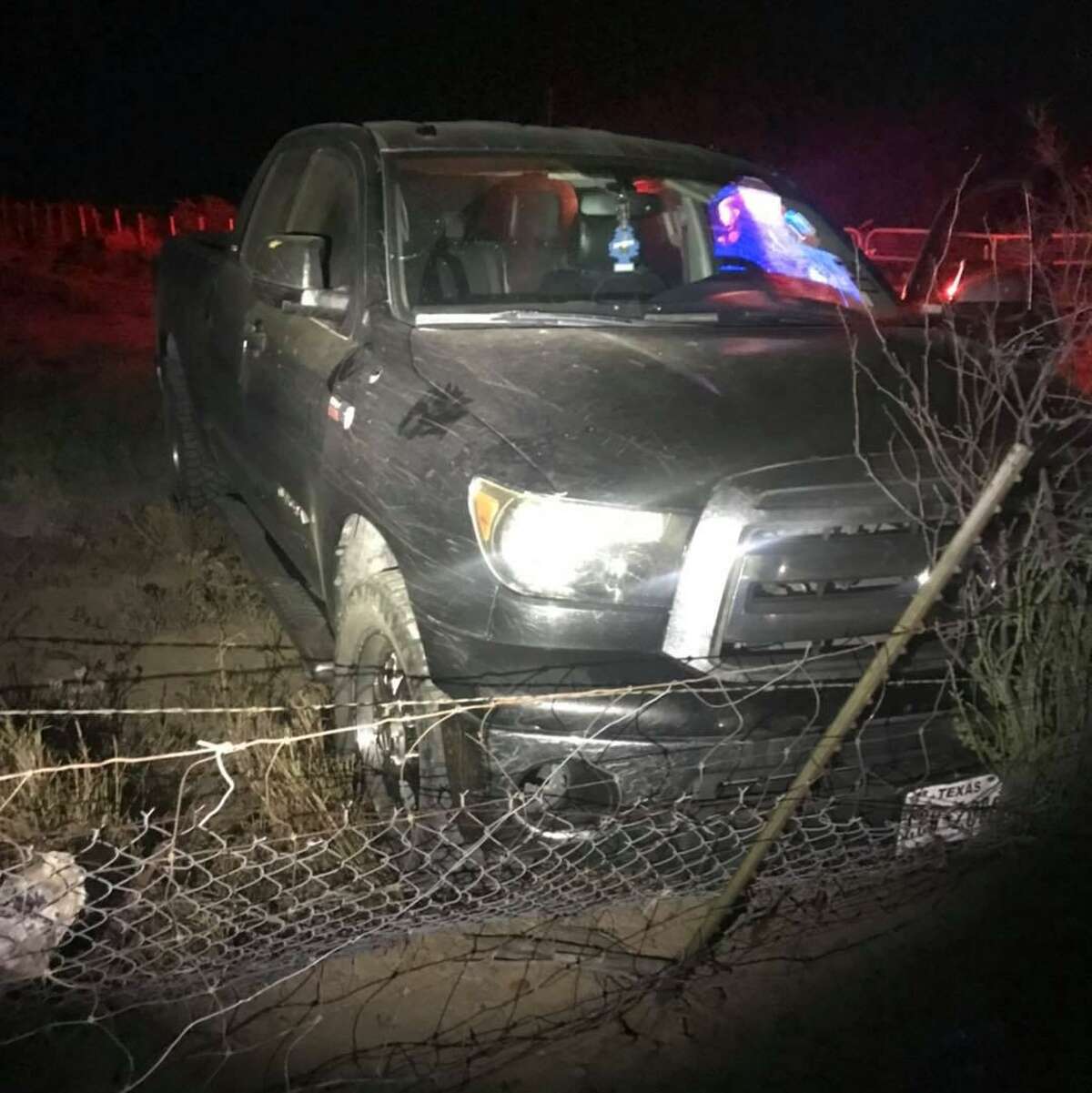 The Zapata County Sheriff’s Office said this vehicle was transporting migrants before leading authorities on a chase and crashing into two fence lines.