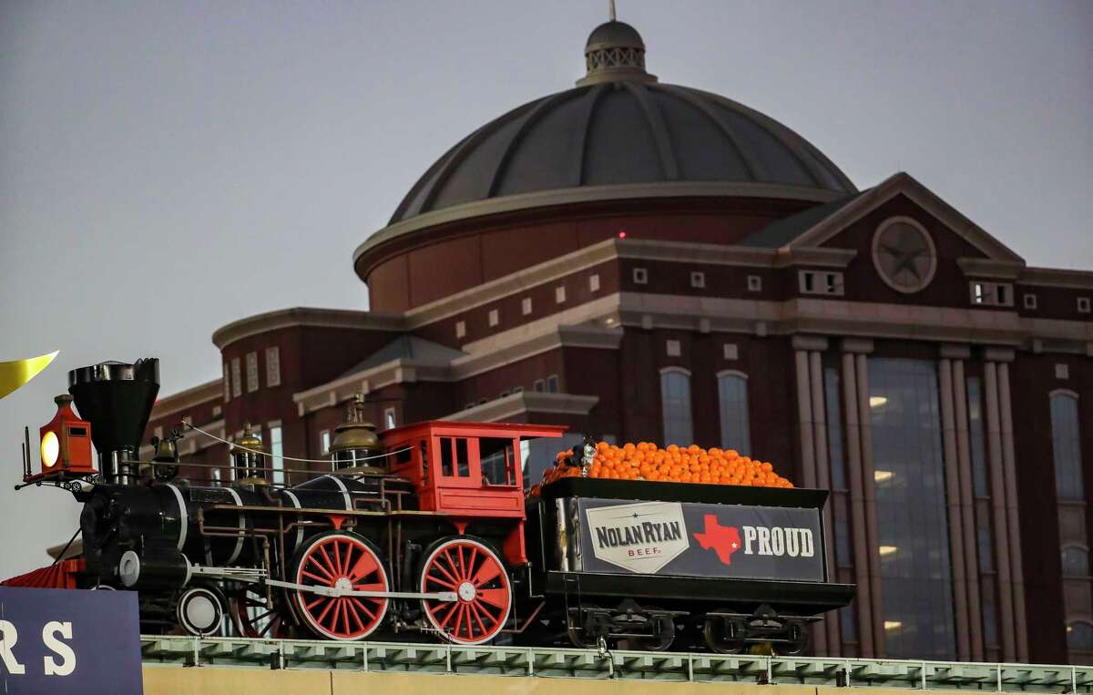 The train is on its tracks as the roof is opened before Game 2 of the World Series on Wednesday, Oct. 27, 2021 at Minute Maid Park in Houston.