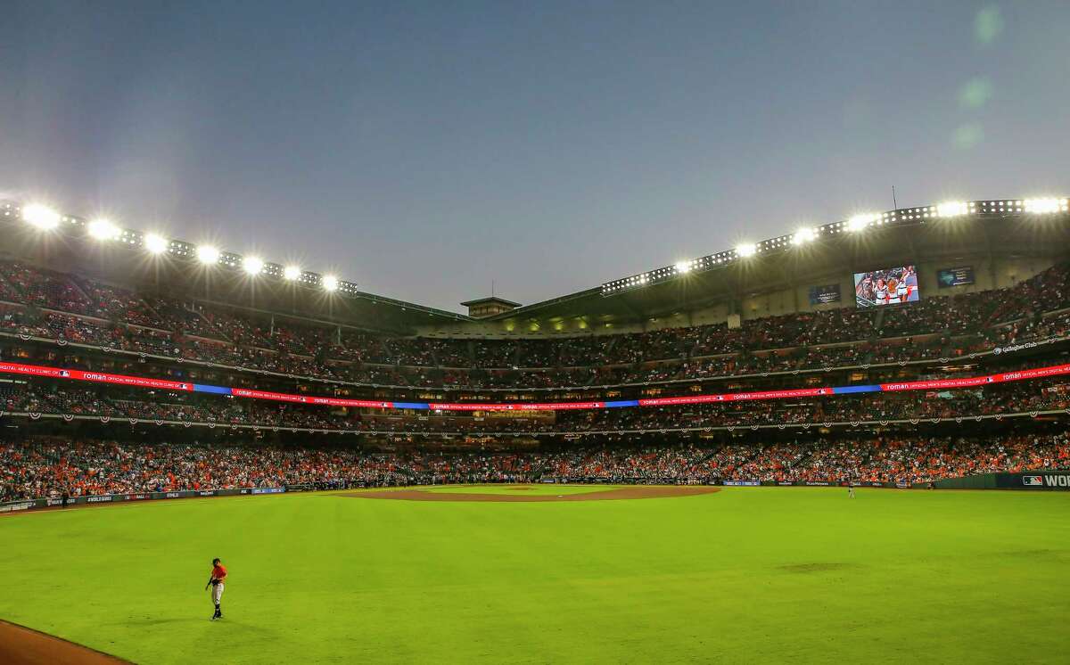 The roof is opened before Game 2 of the World Series on Wednesday, Oct. 27, 2021 at Minute Maid Park in Houston.