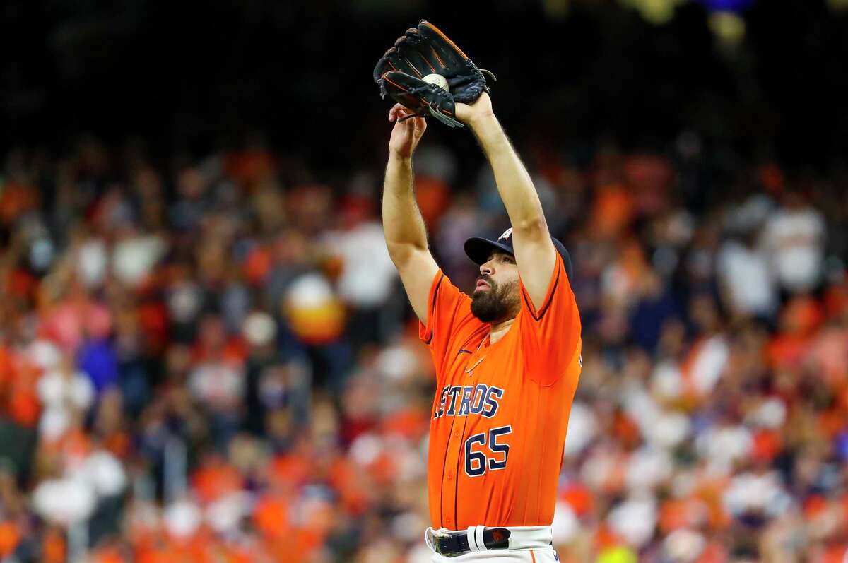Houston Astros starting pitcher Jose Urquidy (65) stands on the mound during the first inning in Game 2 of the World Series on Wednesday, Oct. 27, 2021 at Minute Maid Park in Houston.