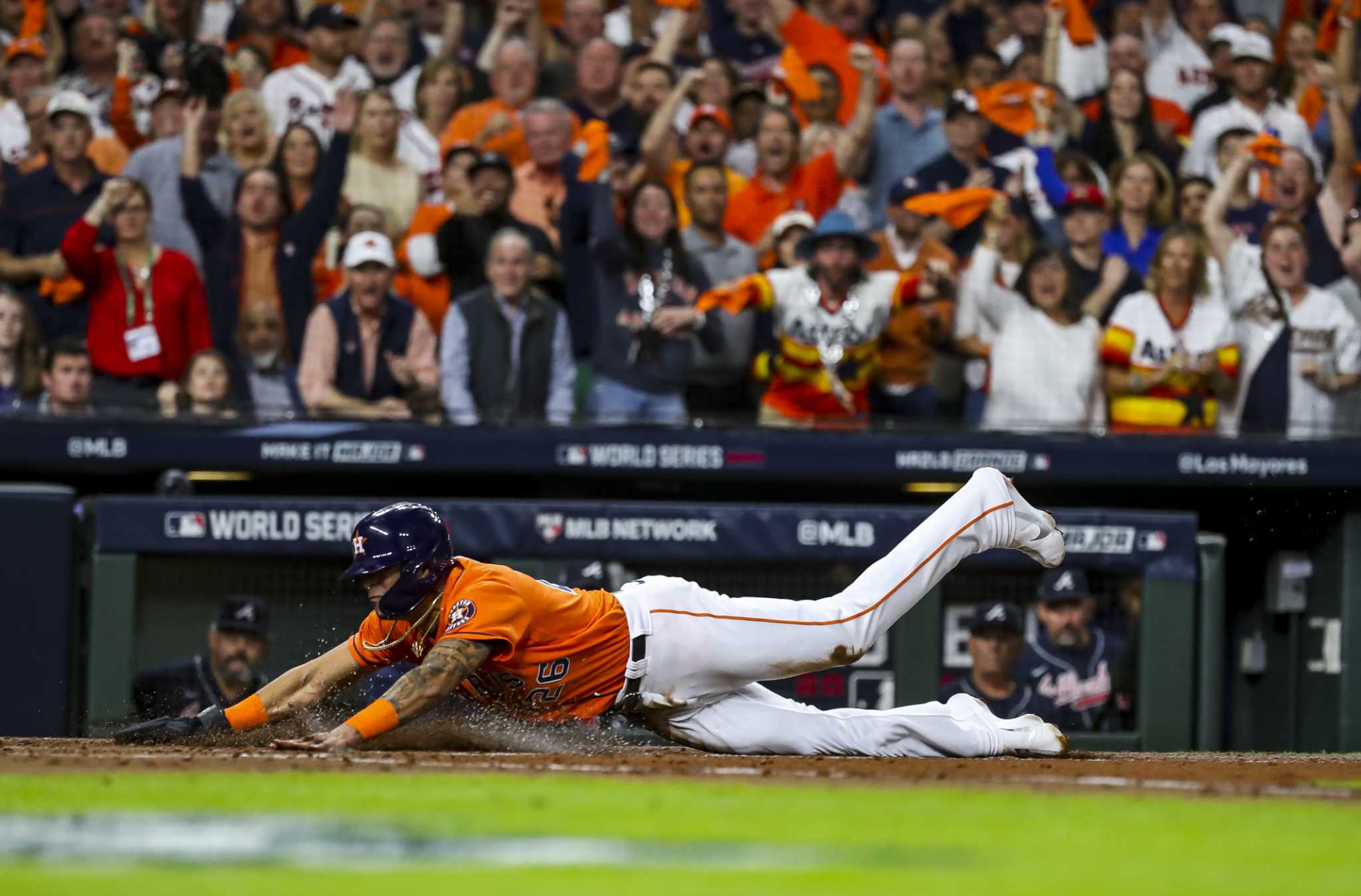 Houston, USA. 27th Oct, 2021. Members of the Houston Astros infield wait  for a pitching change in the 7th inning of game two against the Atlanta  Braves in the MLB World Series