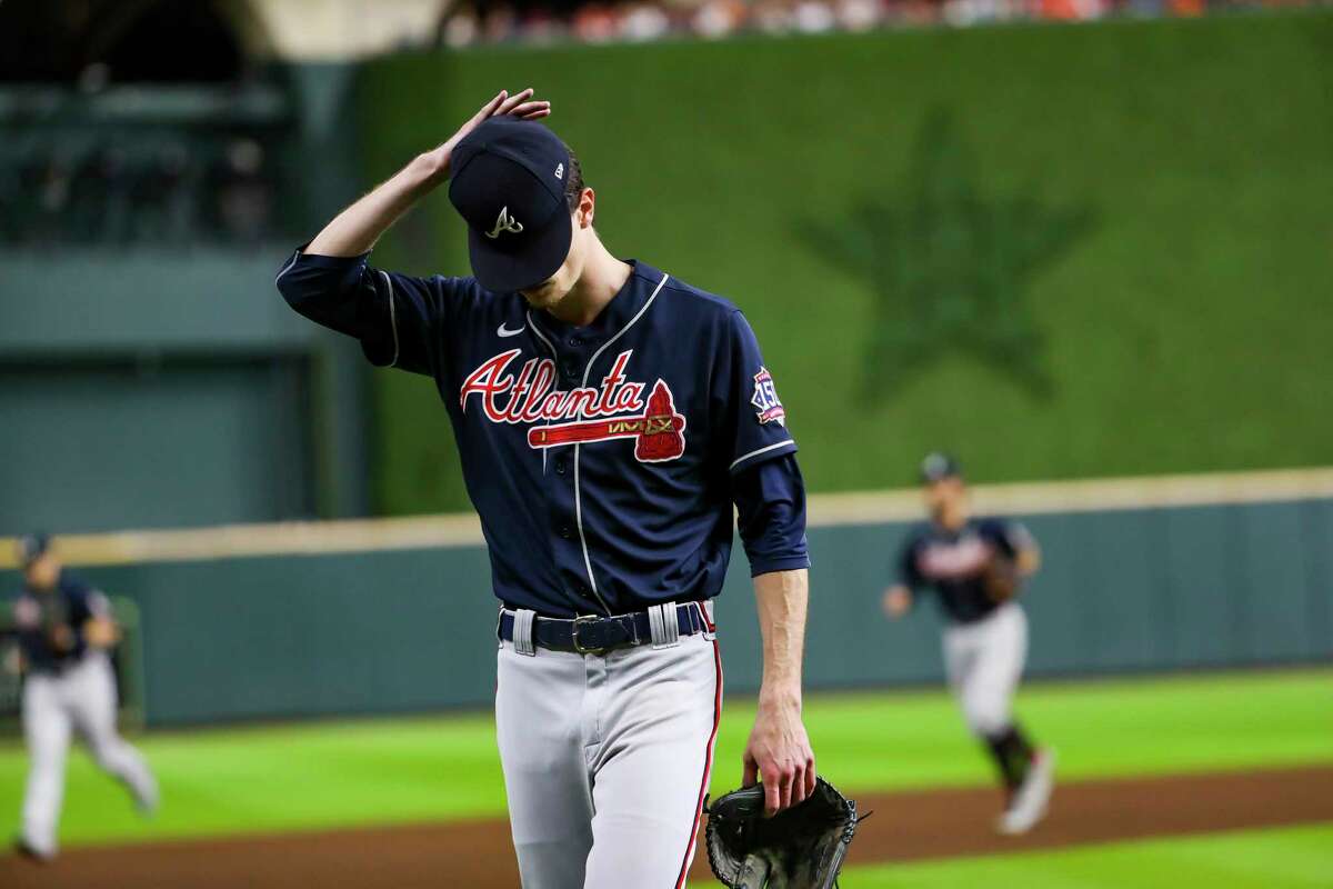 Atlanta Braves starting pitcher Max Fried (54) walks off the field at the end of the third inning in Game 2 of the World Series on Wednesday, Oct. 27, 2021 at Minute Maid Park in Houston.