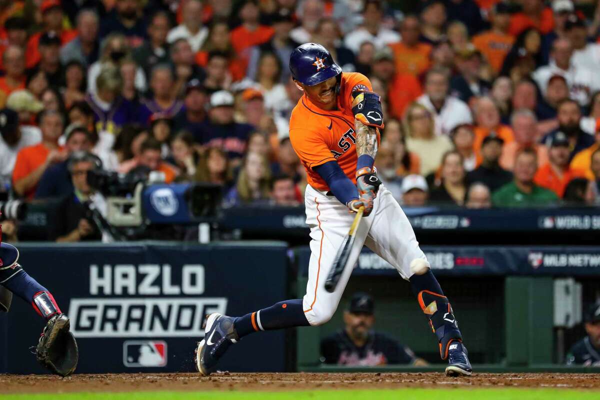 Houston Astros shortstop Carlos Correa (1) grounds out during the third inning in Game 2 of the World Series on Wednesday, Oct. 27, 2021 at Minute Maid Park in Houston.
