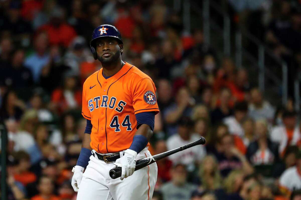 Houston Astros designated hitter Yordan Alvarez (44) strikes out to lead off the third inning in Game 2 of the World Series on Wednesday, Oct. 27, 2021 at Minute Maid Park in Houston.