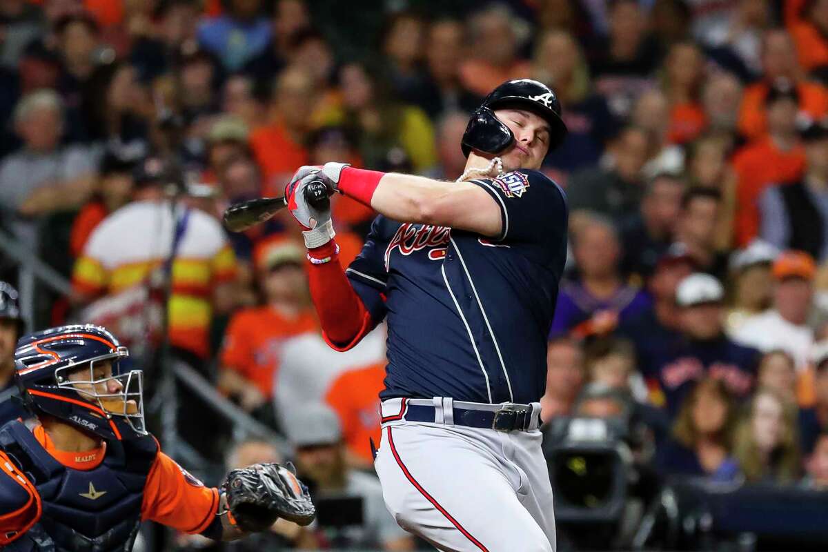 Atlanta Braves right fielder Joc Pederson (22) strikes out swinging during the fourth inning in Game 2 of the World Series on Wednesday, Oct. 27, 2021 at Minute Maid Park in Houston.