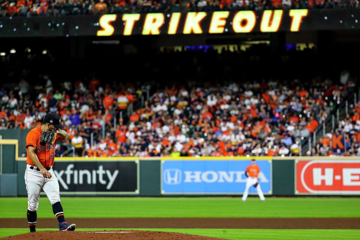 Houston Astros starting pitcher Jose Urquidy (65) reacts after striking out Atlanta Braves designated hitter Jorge Soler (12) during the fourth inning in Game 2 of the World Series on Wednesday, Oct. 27, 2021 at Minute Maid Park in Houston.