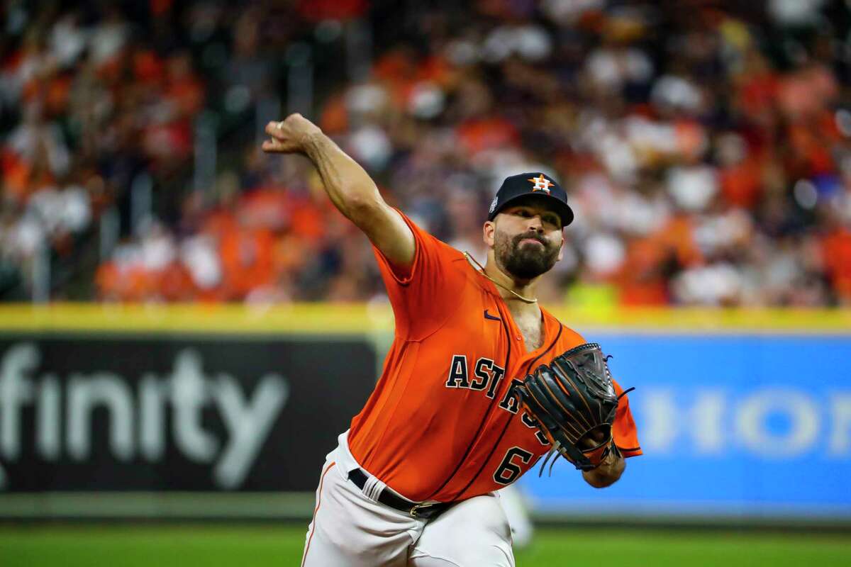 Houston Astros starting pitcher Jose Urquidy (65) pitches during the third inning in Game 2 of the World Series on Wednesday, Oct. 27, 2021 at Minute Maid Park in Houston.