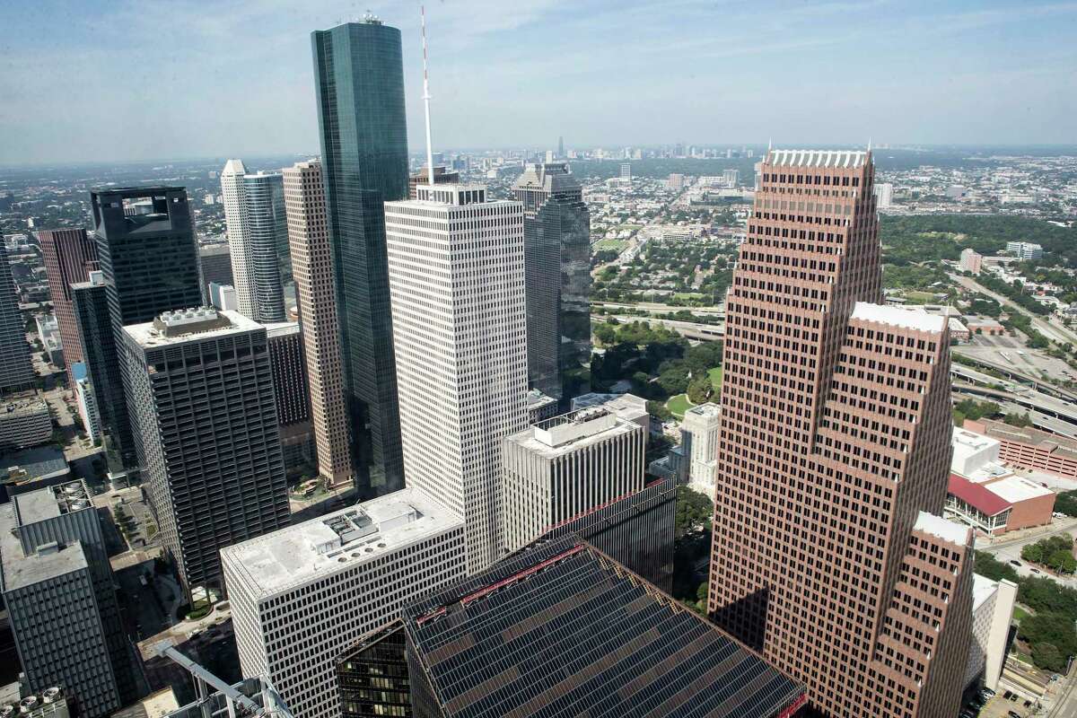The downtown skyline is shown from the Chase Tower observation floor Tuesday, Sept. 7, 2021 in Houston.