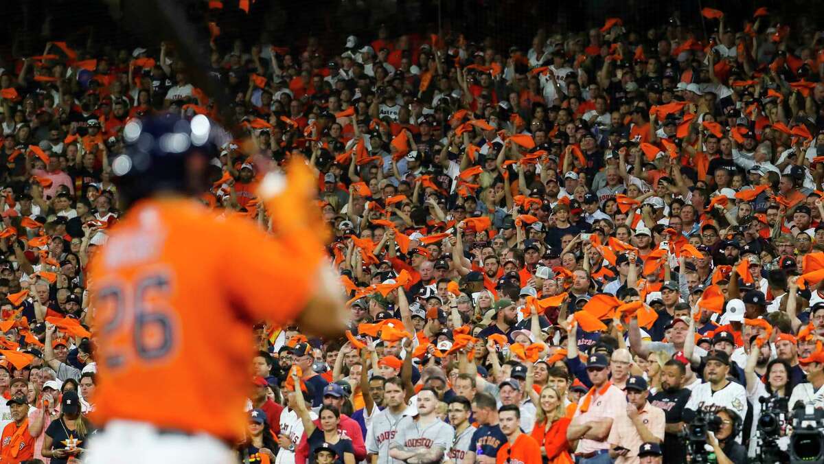 Astros fans cheer as Houston Astros center fielder Jose Siri (26) bats during the sixth inning in Game 2 of the World Series on Wednesday, Oct. 27, 2021 at Minute Maid Park in Houston.