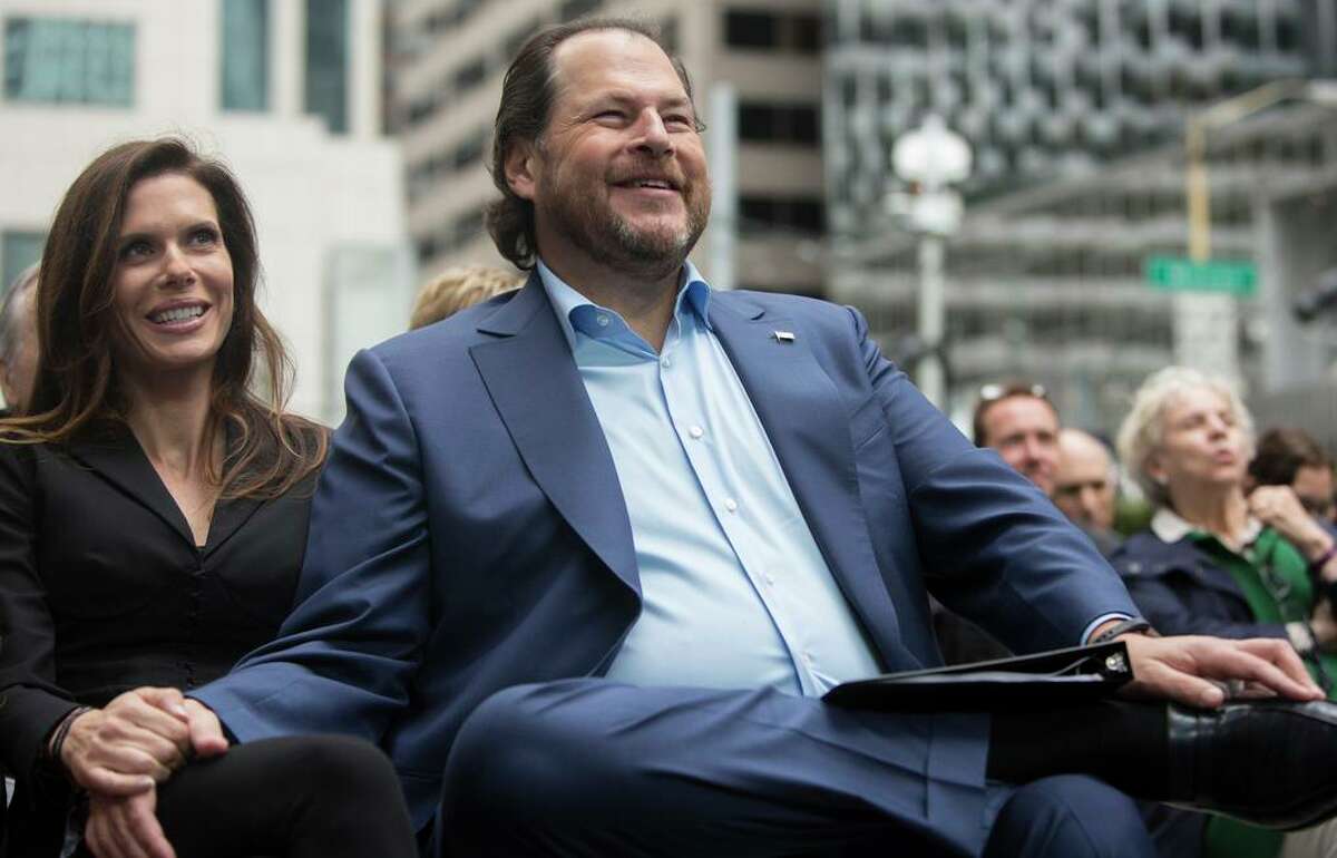 Salesforce CEO Marc Benioff and his wife, Lynne Benioff, at the grand opening ceremony of the Salesforce Tower in San Francisco.