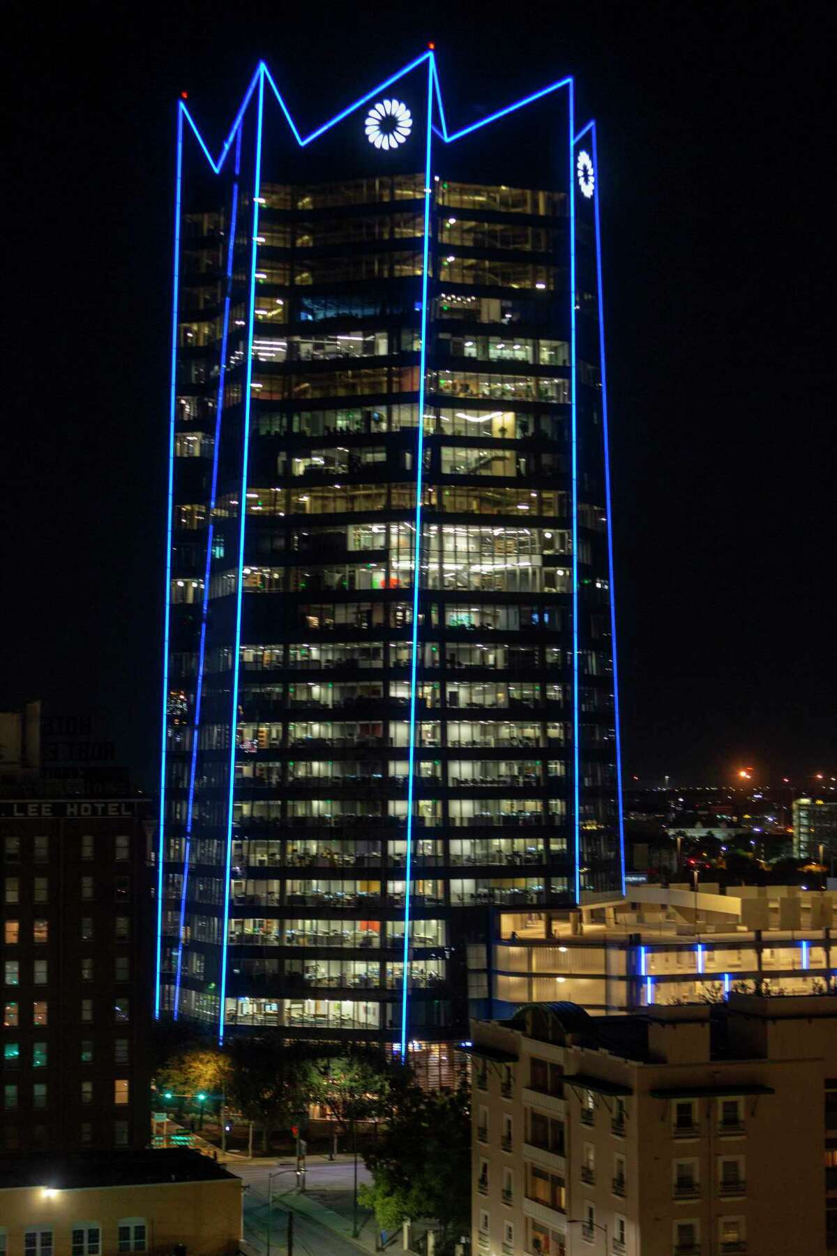 Frost Tower, the San Antonio headquarters for Frost Bank, is lit in blue Oct. 5 in honor of World Teachers’ Day.