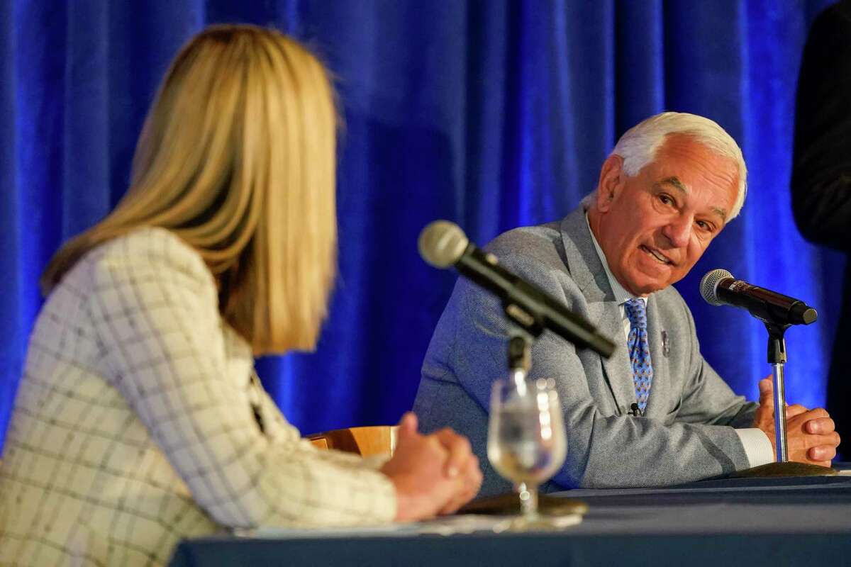 State. Rep. Caroline Simmons, left, D-Stamford, and former New York Mets manager Bobby Valentine, an unaffiliated candidate, debate during a Stamford mayoral debate Thursday, Oct. 21, 2021, in Darien, Conn.