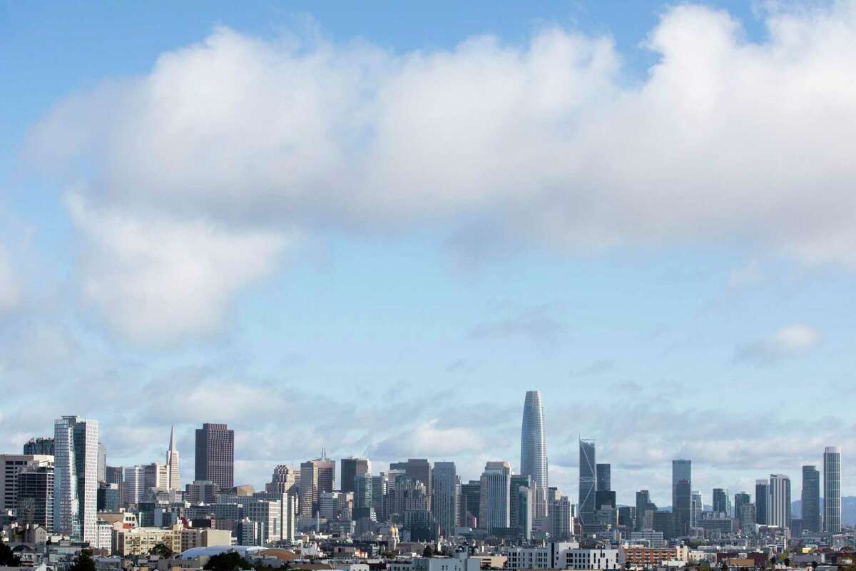 The San Francisco skyline is seen from the top of Dolores Park in the Mission neighborhood of San Francisco, Calif. Air quality across the Bay Area was “moderate” to “unhealthy” Thursday morning due to a high pressure system trapping pollutants in the air over the region, meteorologists said.