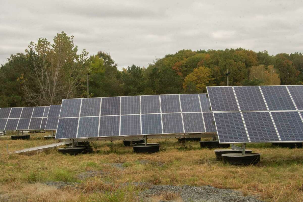 Solar panels are seen as the city of Troy celebrates the completion of Phase II of the City’s solar energy array at the former Troy landfill on Thursday, Oct, 28, 2021 in Troy, N.Y.
