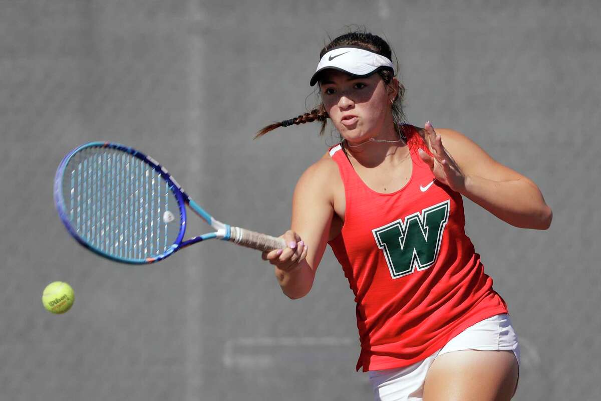 The Woodlands Vicky Conde returns a volley against West Plano during the UIL State Team Tennis Class 6A Semifinals held at Texas A&M Thursday, Oct. 28, 2021 in College Station, TX.
