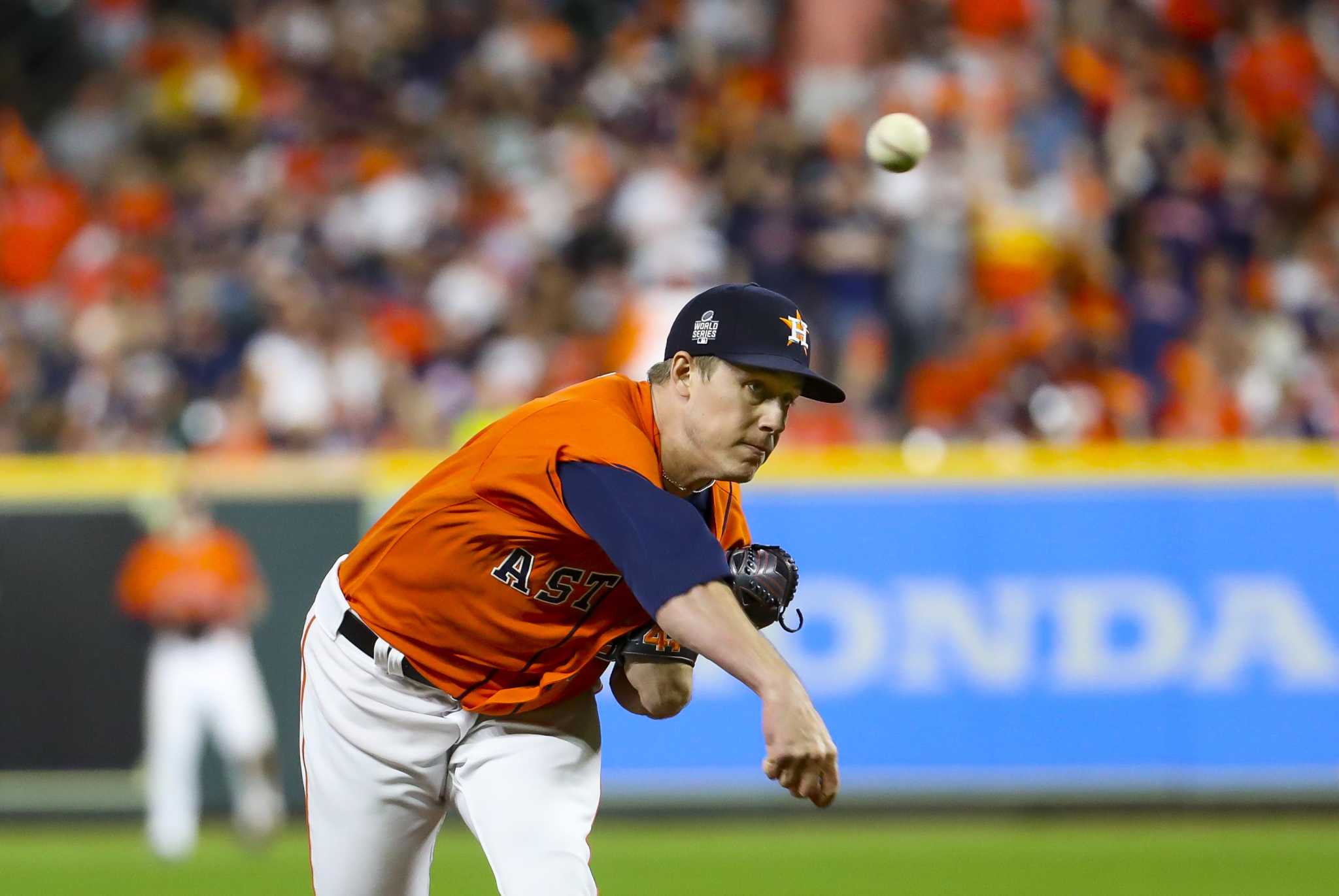 Houston, USA. 27th Oct, 2021. Houston Astros relief pitcher Cristian Javier  throws in the 6th inning in game two against the Atlanta Braves in the MLB  World Series at Minute Maid Park