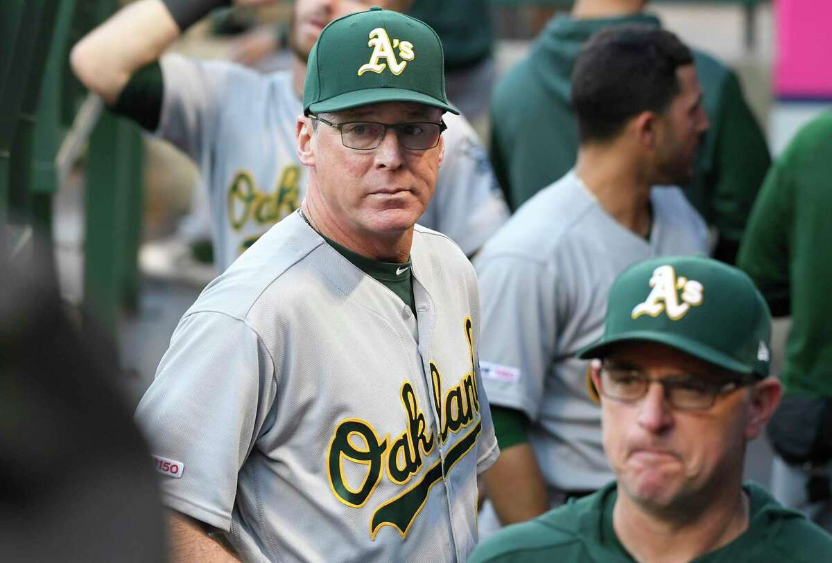 ANAHEIM, CA - JUNE 28: Manager Bob Melvin #6 of the Oakland Athletics in the dugout before playing the Los Angeles Angels of Anaheimat Angel Stadium of Anaheim on June 28, 2019 in Anaheim, California. (Photo by John McCoy/Getty Images)