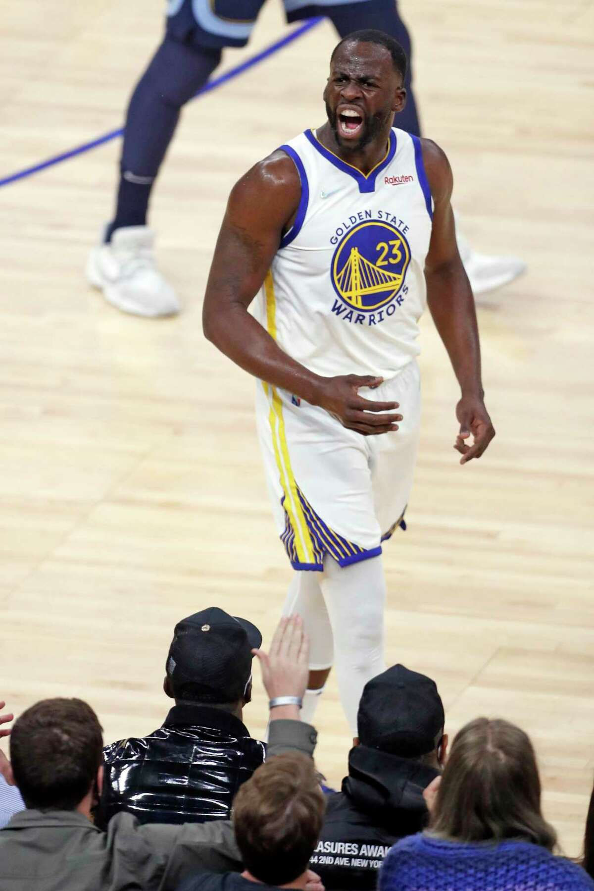 Golden State Warriors' Draymond Grren reacts to a defensive play in 1st quarter against Memphis Grizzlies during NBA game at Chase Center in San Francisco, Calif., on Thursday, October 28, 2021.