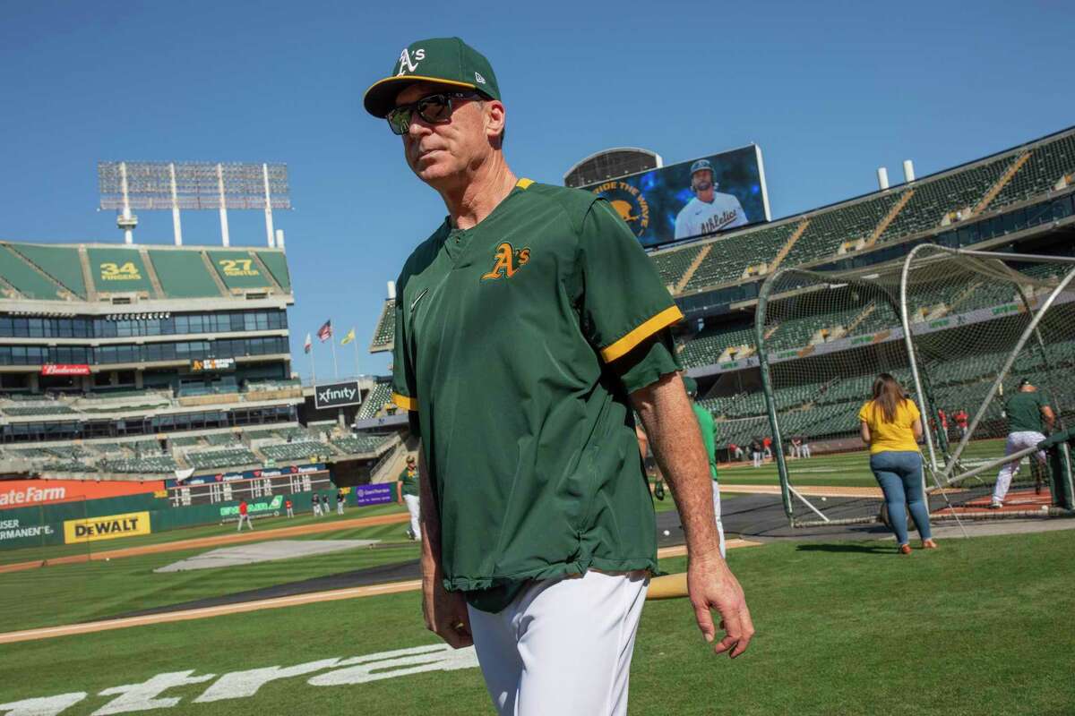 Oakland Athletics manager Bob Melvin at the team’s batting practice before the MLB game between the A’s and Cleveland Indians at RingCentral Coliseum on Friday, July 16, 2021, in Oakland, Calif.