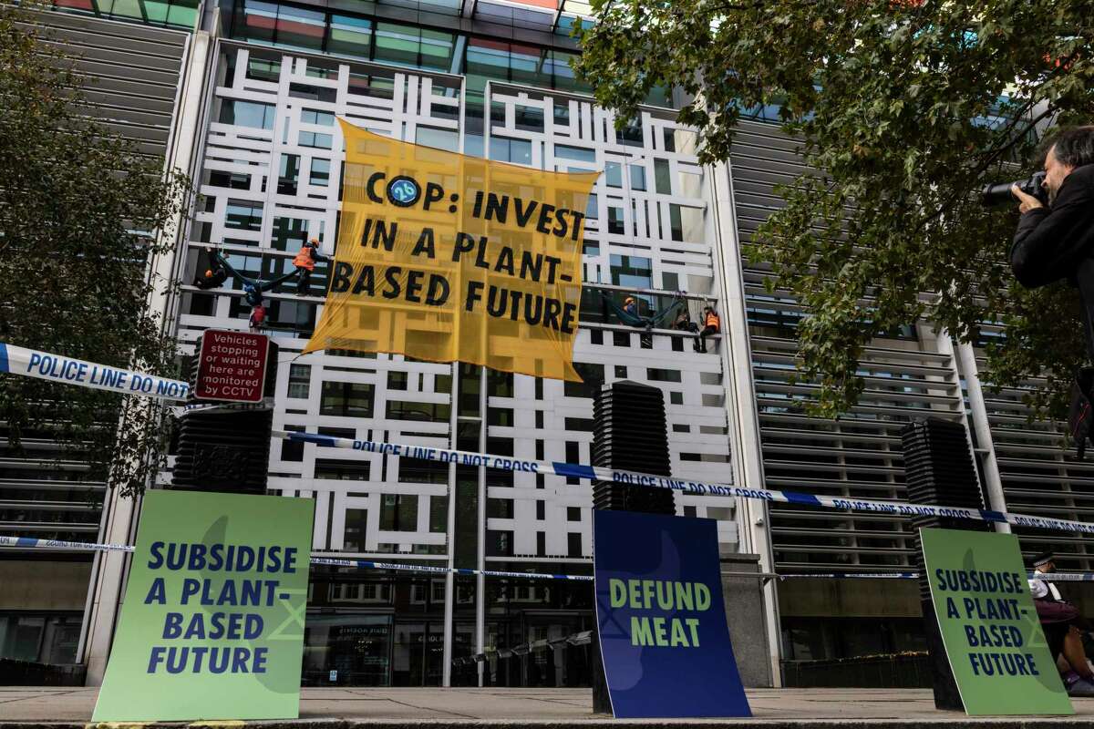 LONDON, ENGLAND - OCTOBER 26: Environmental activists scale the Home Office on October 26, 2021 in London, England. Protesters dropped a banner from the building reading "COP: Invest In A Plant-Based Future," referring to the upcoming United Nations Conference On Climate Change (COP26) in Glasgow that starts this weekend. (Photo by Dan Kitwood/Getty Images)