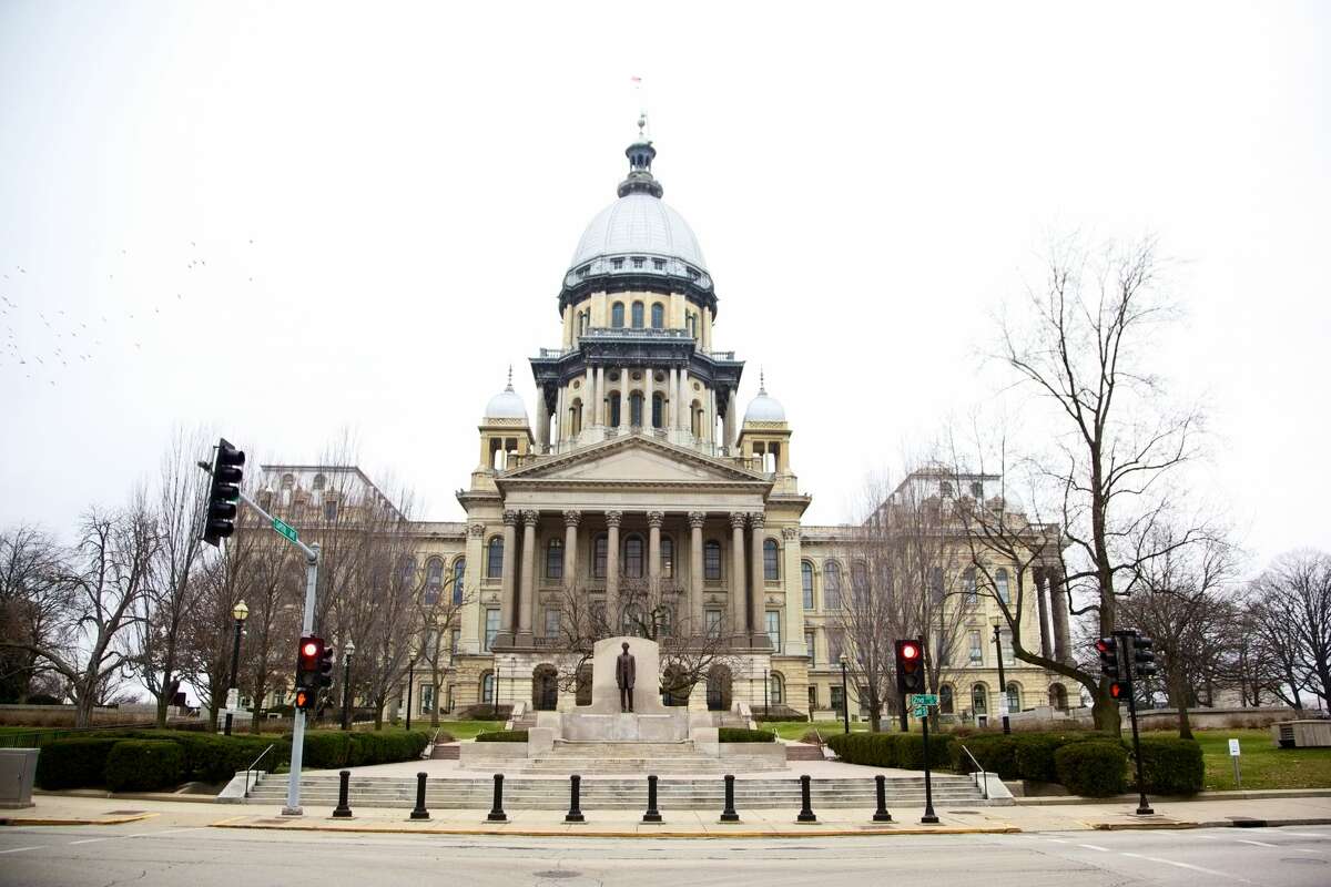 Illinois State House Capitol on a cloudy winter day - Springfield (state capitol series). The statue of Abraham Lincoln was dedicated on Oct. 5, 1918, the centennial of the first meeting of the Illinois General Assembly.