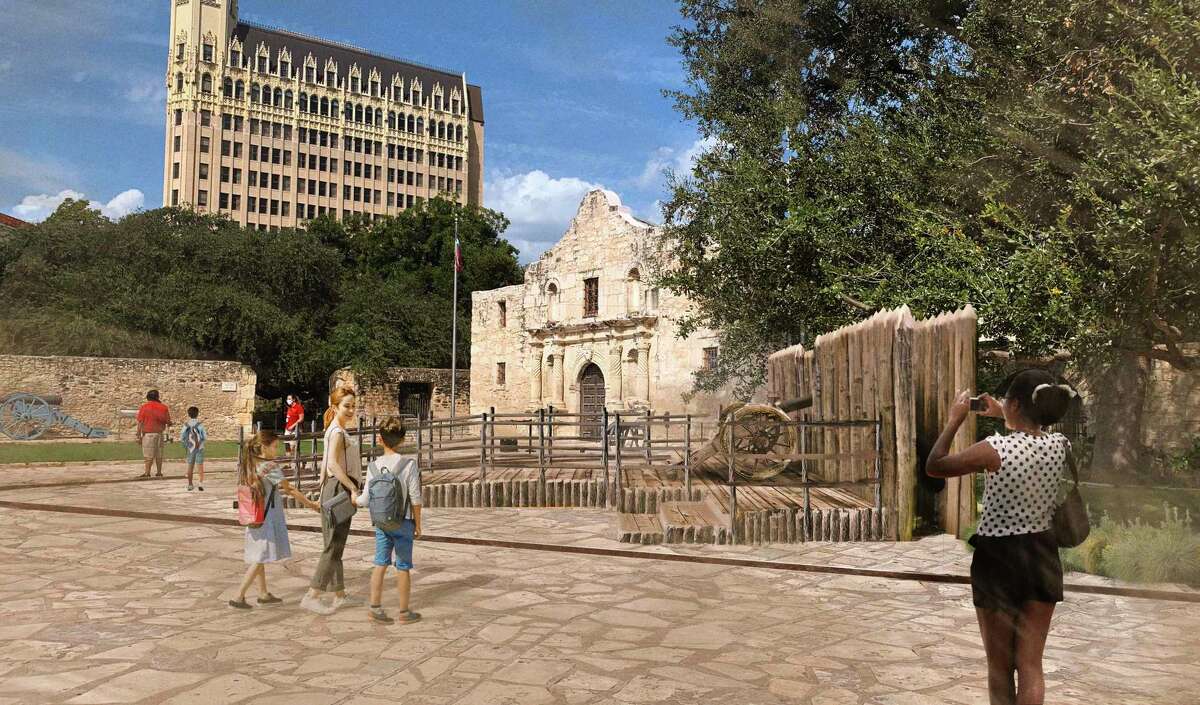 Alamo officials will unveil a temporary display on Friday that resembles the 1836 palisade, a fortification composed of vertical wooden posts and a cannon station. This is a preliminary rendering released in October. Experts and Alamo devotees have debated whether the palisade had one or two rows of timber posts.