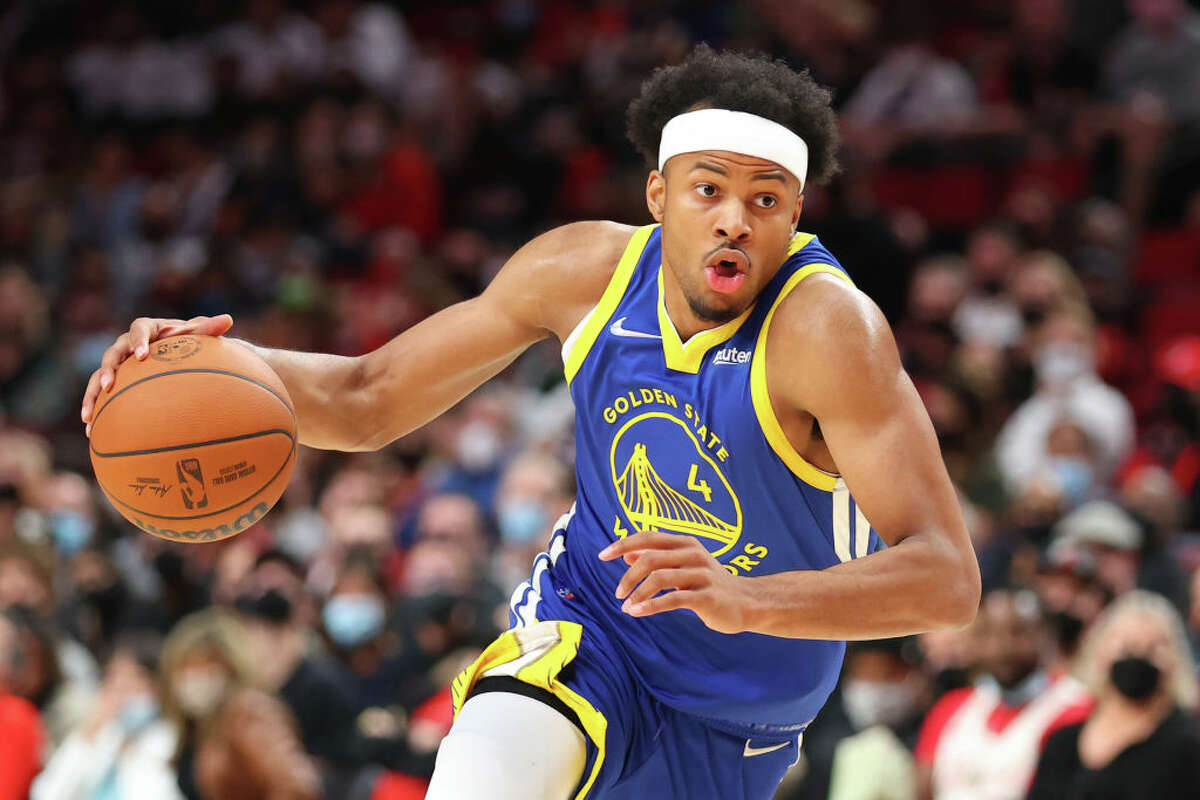 Moses Moody of the Golden State Warriors works towards the basket against the Portland Trail Blazers in the third quarter during the preseason game at Moda Center on October 04, 2021 in Portland, Oregon.