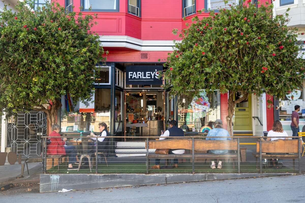 Customers sit in the parklet at Farley's in San Francisco on Oct. 28, 2021. Farley's has been a neighborhood institution since it opened in 1989.