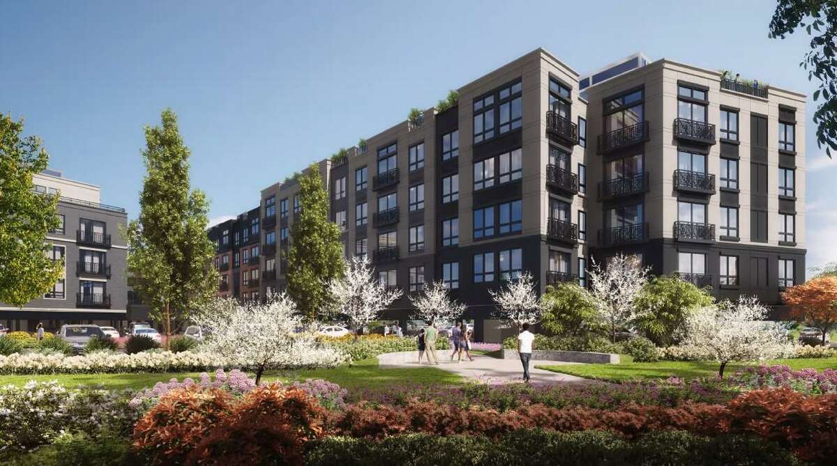 Renderings of the proposed multifamily housing development at 141 Danbury Road and the roofdeck.