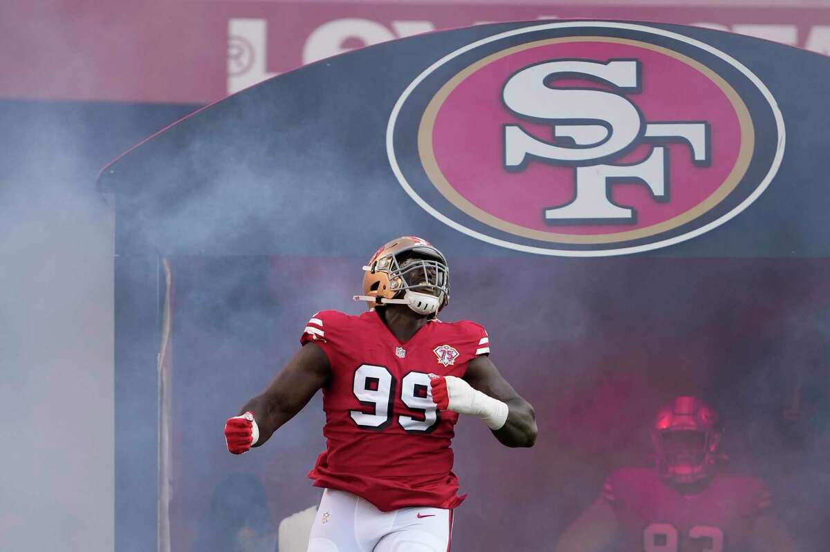San Francisco 49ers defensive tackle Javon Kinlaw (99) before an NFL football game against the Green Bay Packers in Santa Clara, Calif., Sunday, Sept. 26, 2021. (AP Photo/Tony Avelar)