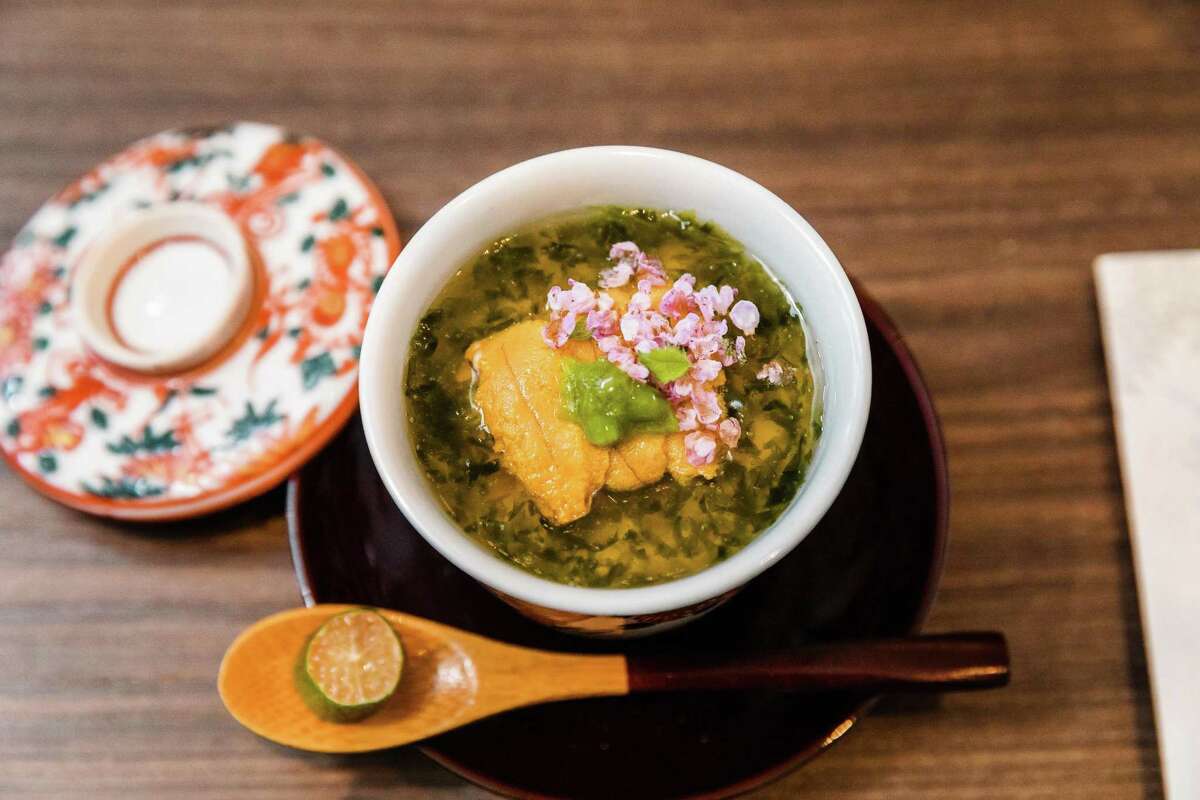 Dinner at Kaiseki Saryo Hachi might start with this chawanmushi, a steamed egg custard topped with freshwater seaweed, sea urchin roe and finger lime.