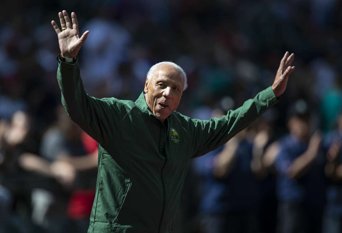 Lenny Wilkens, a the coach of the 1979 Seattle Supersonics basketball team, ackowledges the crowd before a game between, at T-Mobile Park on June 1, 2019 in Seattle, Washington, during ceremony celebrating the 40th anniversary of the team's championship. (Photo by Stephen Brashear/Getty Images)