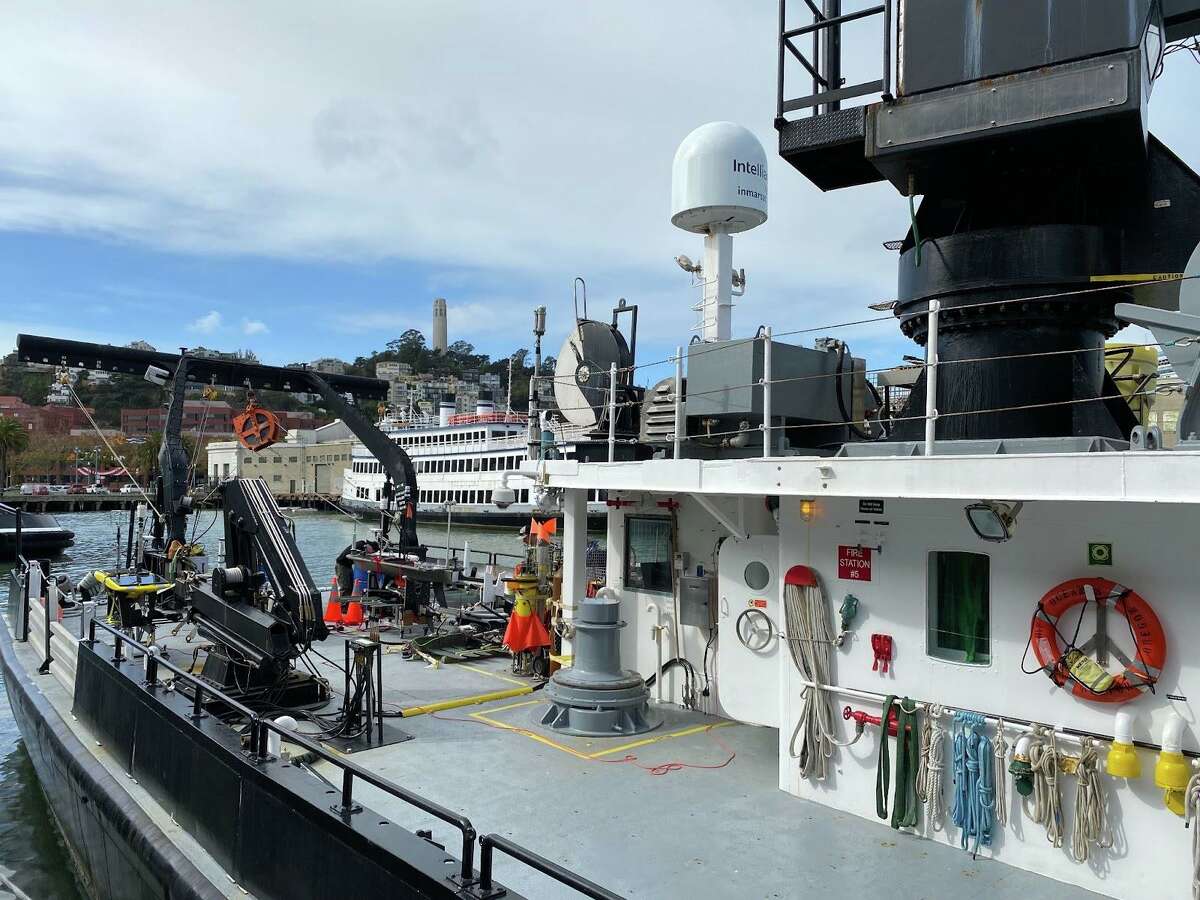 R/V Oceanus at the Port of San Francisco on Oct. 26. The research vessel is taking part in a NASA mission to study ocean surface dynamics and their role in climate change.