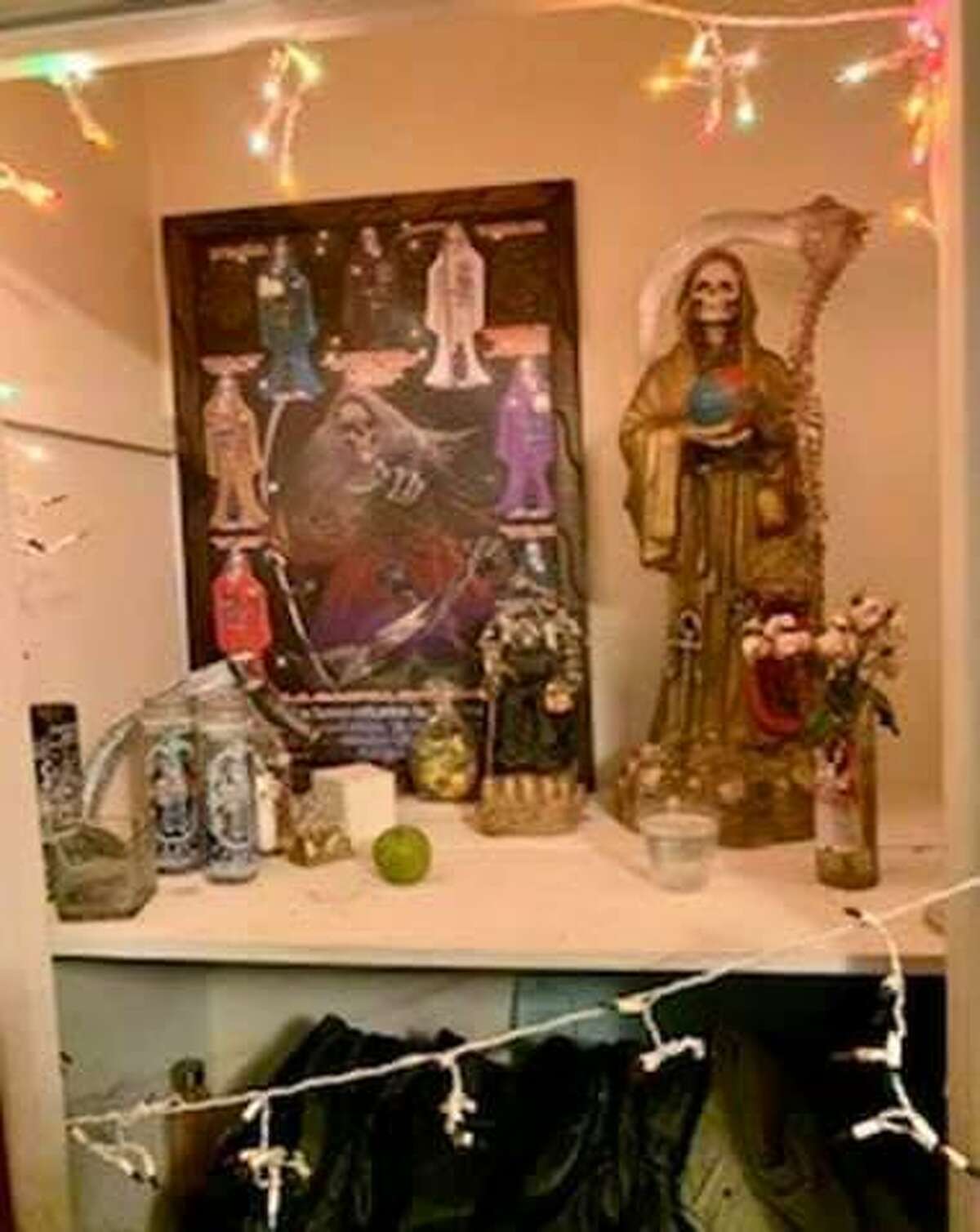 The Texas Department of Public Safety found this altar dedicated to Santa Muerte at the residence of a high-ranking member of the Mexican Mafia. He was arrested and charged with several drug possession charges.