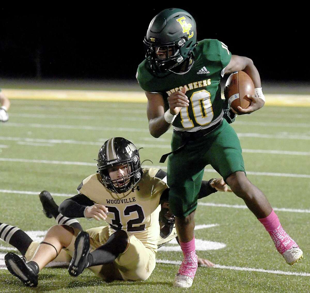 East Chambers quarterback Jacoby Perrault (10). Photo made Friday, October 29, 2021 Kim Brent/The Enterprise