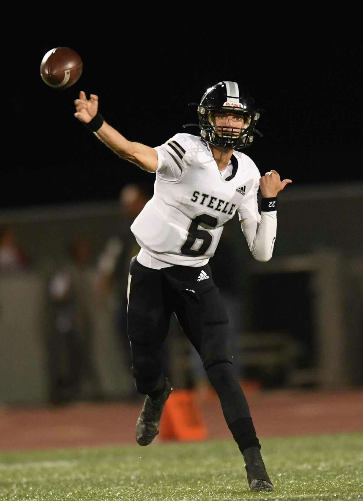 Steele quarterback Connor Vincent throws against the Judson defense during high school football action in Converse on Friday, Oct. 29, 2021. Steele on the game, 35-30.