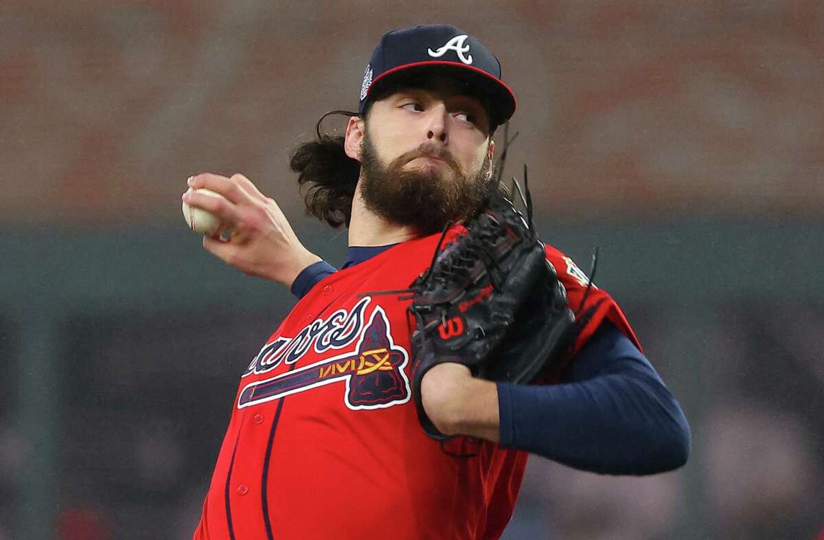 Ian Anderson of the Atlanta Braves delivers a pitch against the Houston Astros during the first inning in Game Three of the World Series at Truist Park on Oct. 29, 2021, in Atlanta. The Atlanta Braves have optioned Anderson, a Shenendehowa High graduate, to their Triple-A affiliate