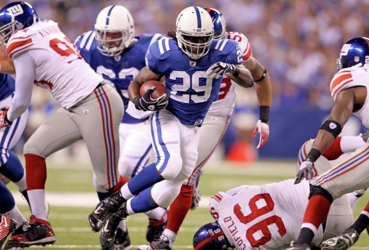 INDIANAPOLIS - SEPTEMBER 19: Joesph Addai #29 of the Indianapolis Colts runs with the ball during the NFL game against the New York Giants at Lucas Oil Stadium on September 19, 2010 in Indianapolis, Indiana. (Photo by Andy Lyons/Getty Images) *** Local Caption *** Joesph Addai